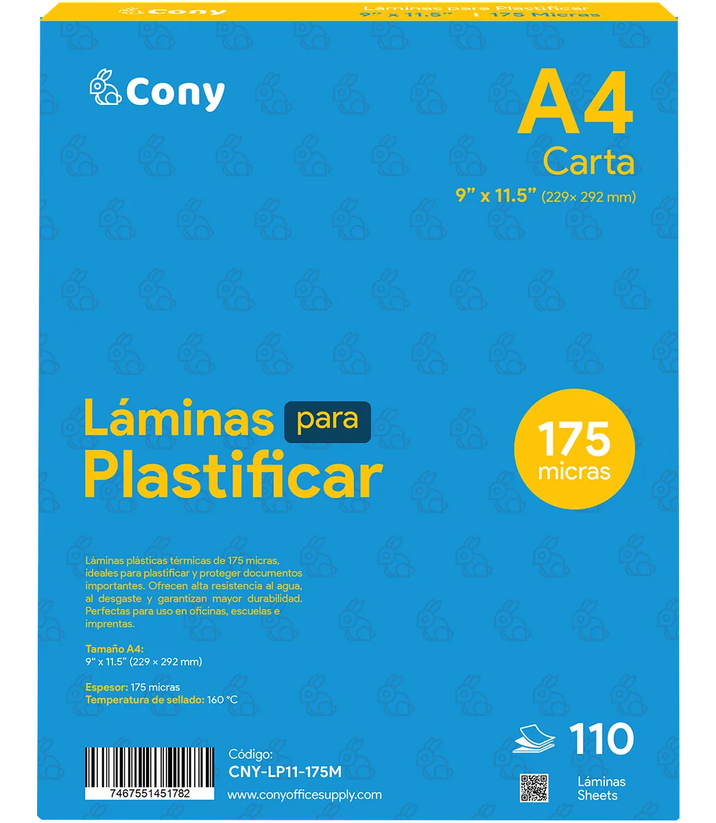 Láminas Plásticas Cony A4, 9” x 11.5” de 175 Micras para Plastificar, 110 pcs