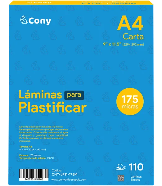Láminas Plásticas Cony A4, 9” x 11.5” de 175 Micras para Plastificar, 110 pcs
