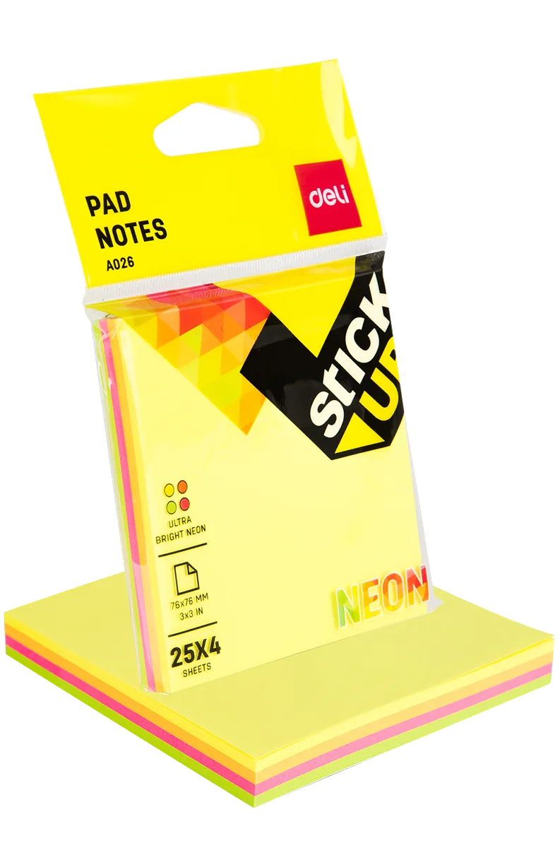 Torre de Nota Adhesiva (Post-it) 3x3 Color Neon, 100 Hojas - Deli Stick Up A026