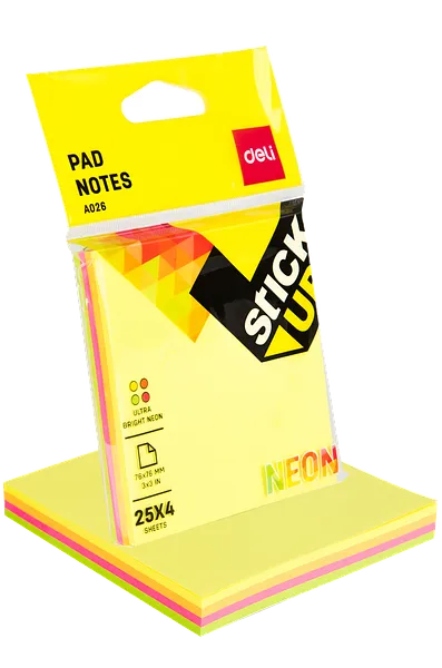 Torre de Nota Adhesiva (Post-it) 3x3 Color Neon, 100 Hojas - Deli Stick Up A026