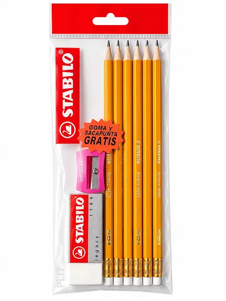 Set de Lápiz de Grafito HB Stabilo Swano 4905 + Goma de Borrar y Sacapunta Gratis