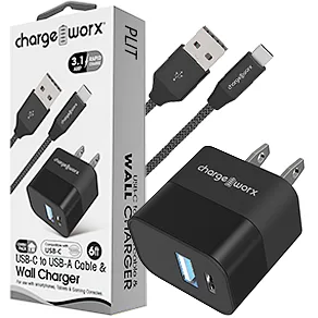 Cargador de Pared Dual USB + USB-C Chargeworx CX3224 con Cable de 6 pies para Celulares Iphone iOs, Android y Tablets Ipad, Negro