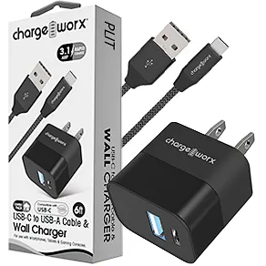 Cargador de Pared Dual USB + USB-C Chargeworx CX3224 con Cable de 6 pies para Celulares Iphone iOs, Android y Tablets Ipad, Negro