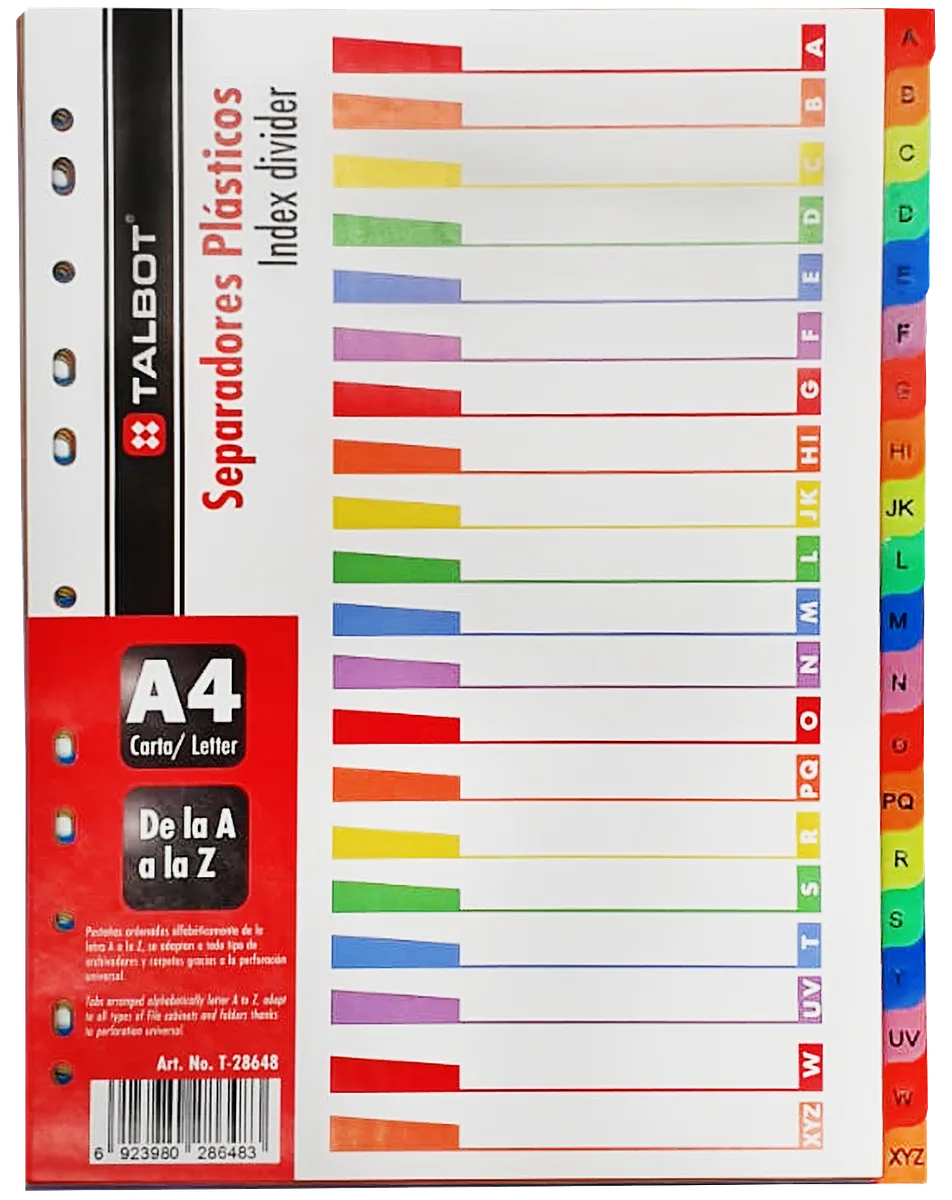 Separador Alfabético para Carpetas, Abecedario de A-Z , Colores Surtidos - Talbot T-28648