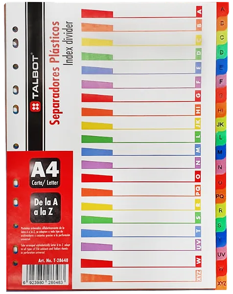 Separador Alfabético para Carpetas, Abecedario de A-Z , Colores Surtidos - Talbot T-28648