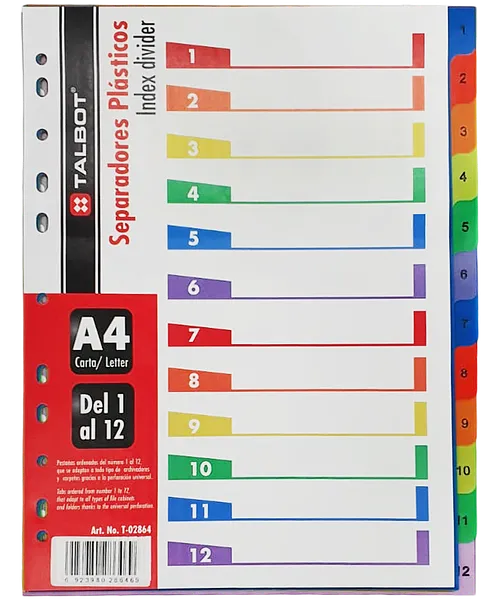 Separador / Divisor Plástico para Carpetas de 12 Pestañas, Colores Surtidos - Talbot T-02864